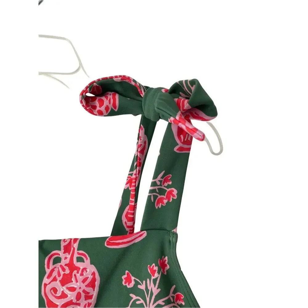 Celia B Granato One Piece Tie Shoulder Swimsuit Green Pink Size XL